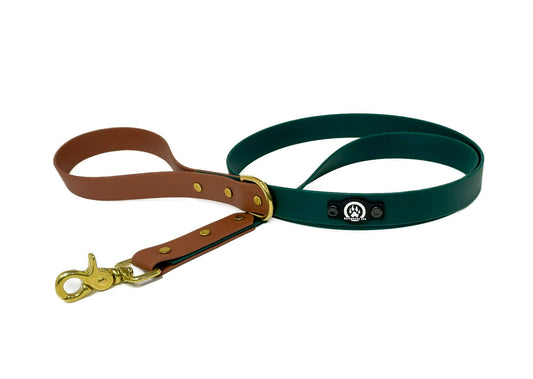 Backwoods Dog Two Tone BioThane waterproof dog leash in forest green with brown and brass hardware