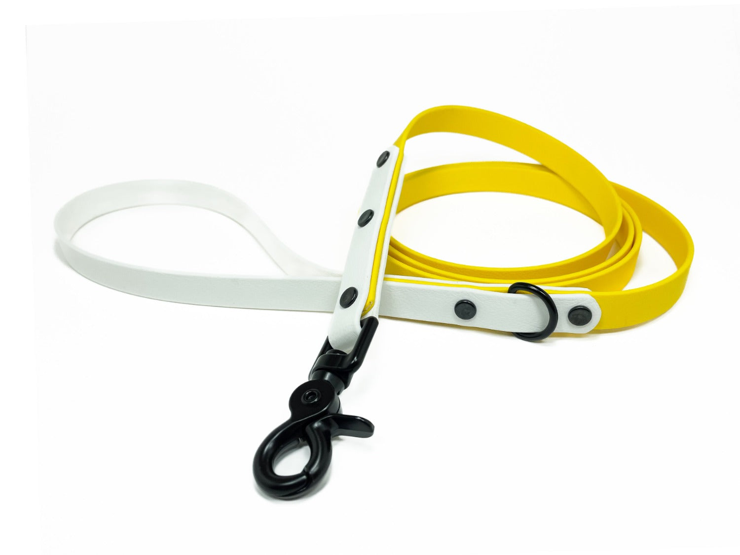 Backwoods Dog two tone BioThane waterproof dog leash in yellow and white with black hardware