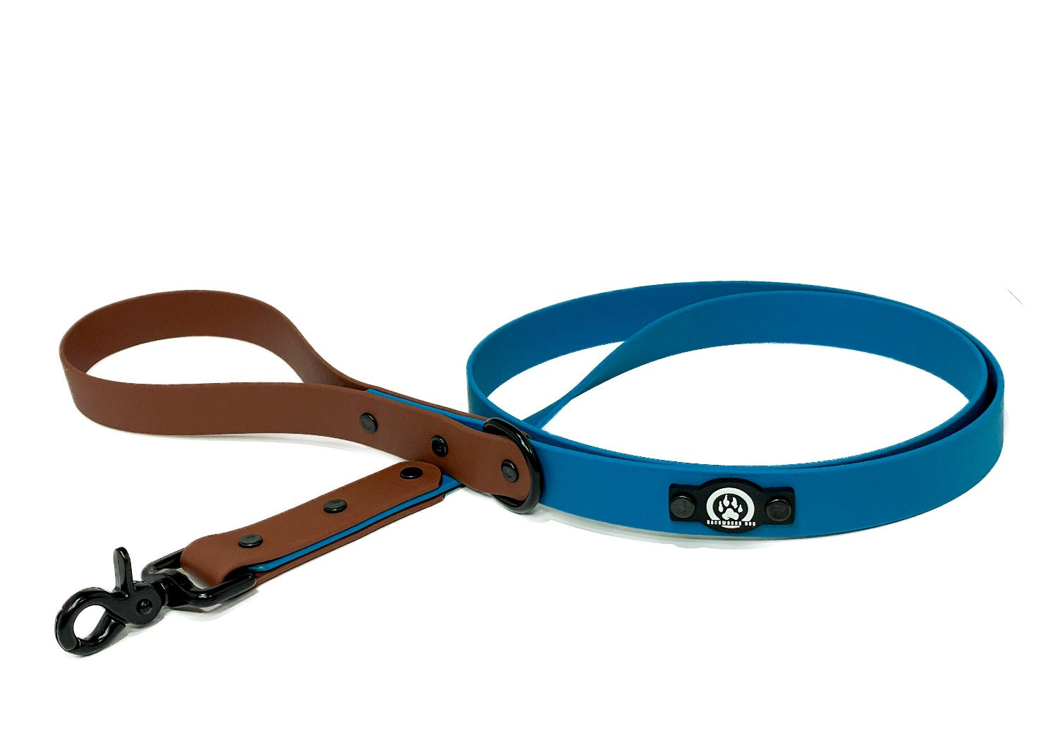 Backwoods Dog Two Tone BioThane waterproof leash in cobalt with brown and black hardware