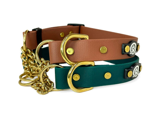 Backwoods Dog Adjustable BioThane waterproof martingale with brass hardware in forest green and brown