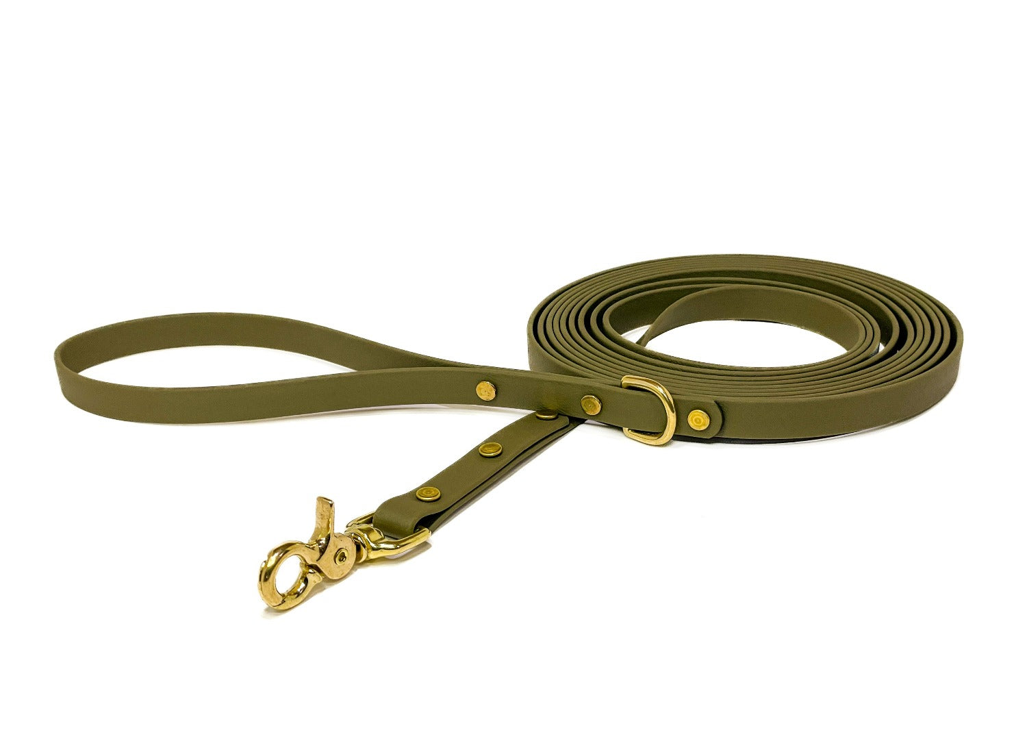Backwoods Dog BioThane waterproof long lead long leash in olive with brass hardware