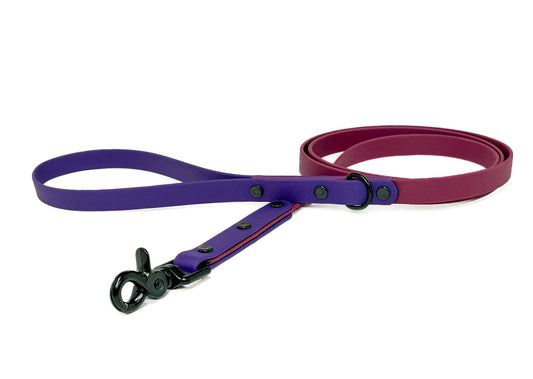 Backwoods Dog two tone BioThane waterproof dog leash in wine and purple with black hardware