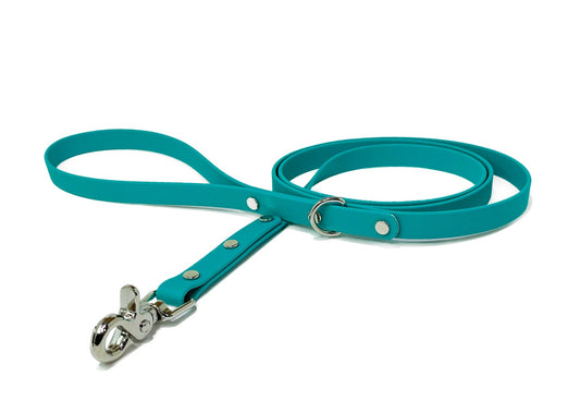 Backwoods Dog 5/8" BioThane waterproof dog leash in teal with silver hardware
