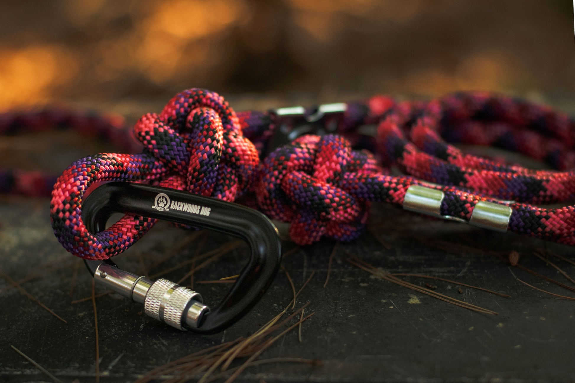 Red and purple climbing rope with a carabiner on a dark surface
