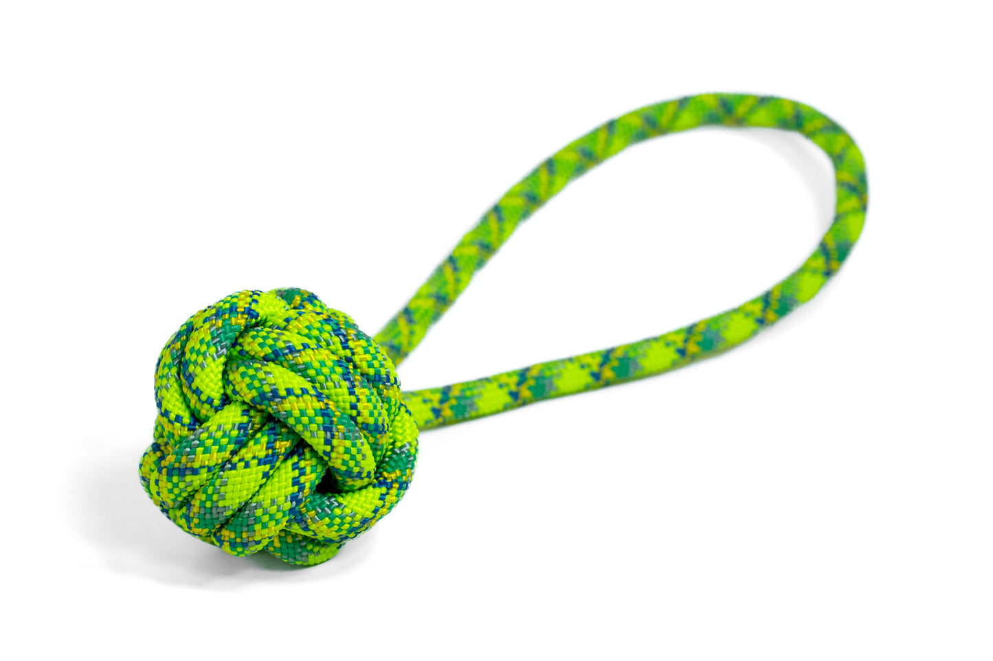 Green and blue knotted rope toy on a white background