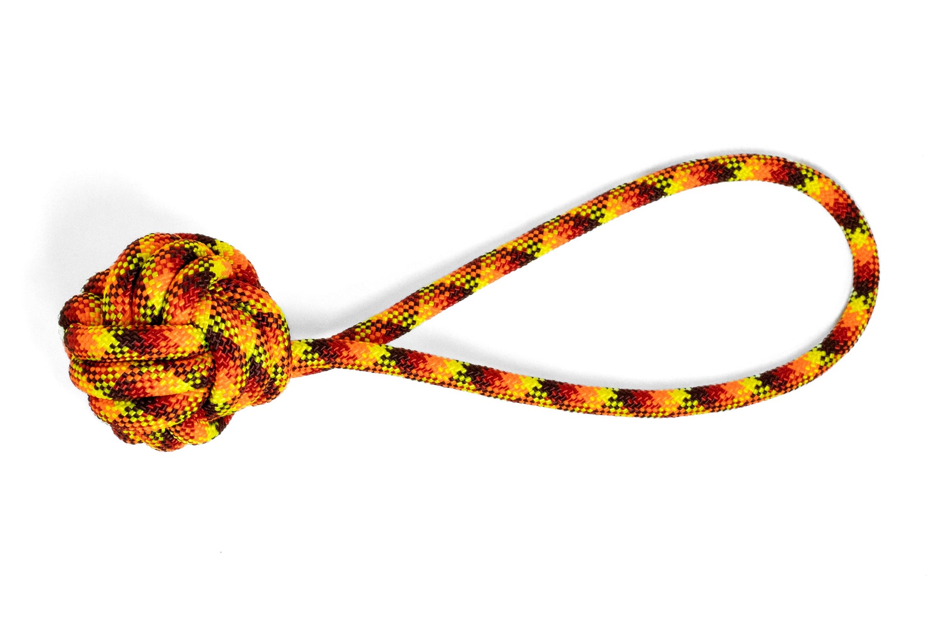 Colorful knotted rope toy on a white background