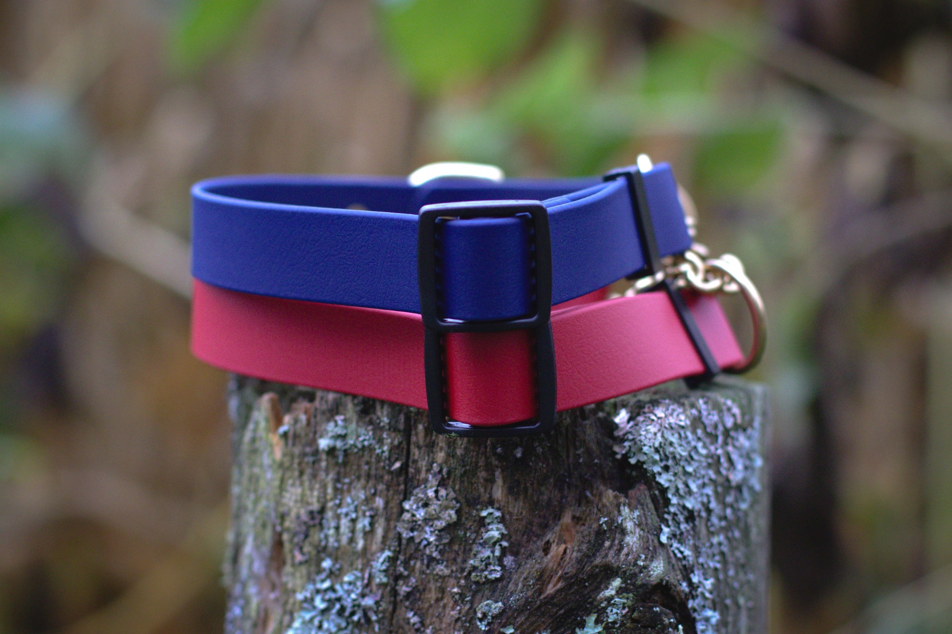 Two waterproof dog collars, one blue and one pink, on a wooden post with a blurred natural background.
