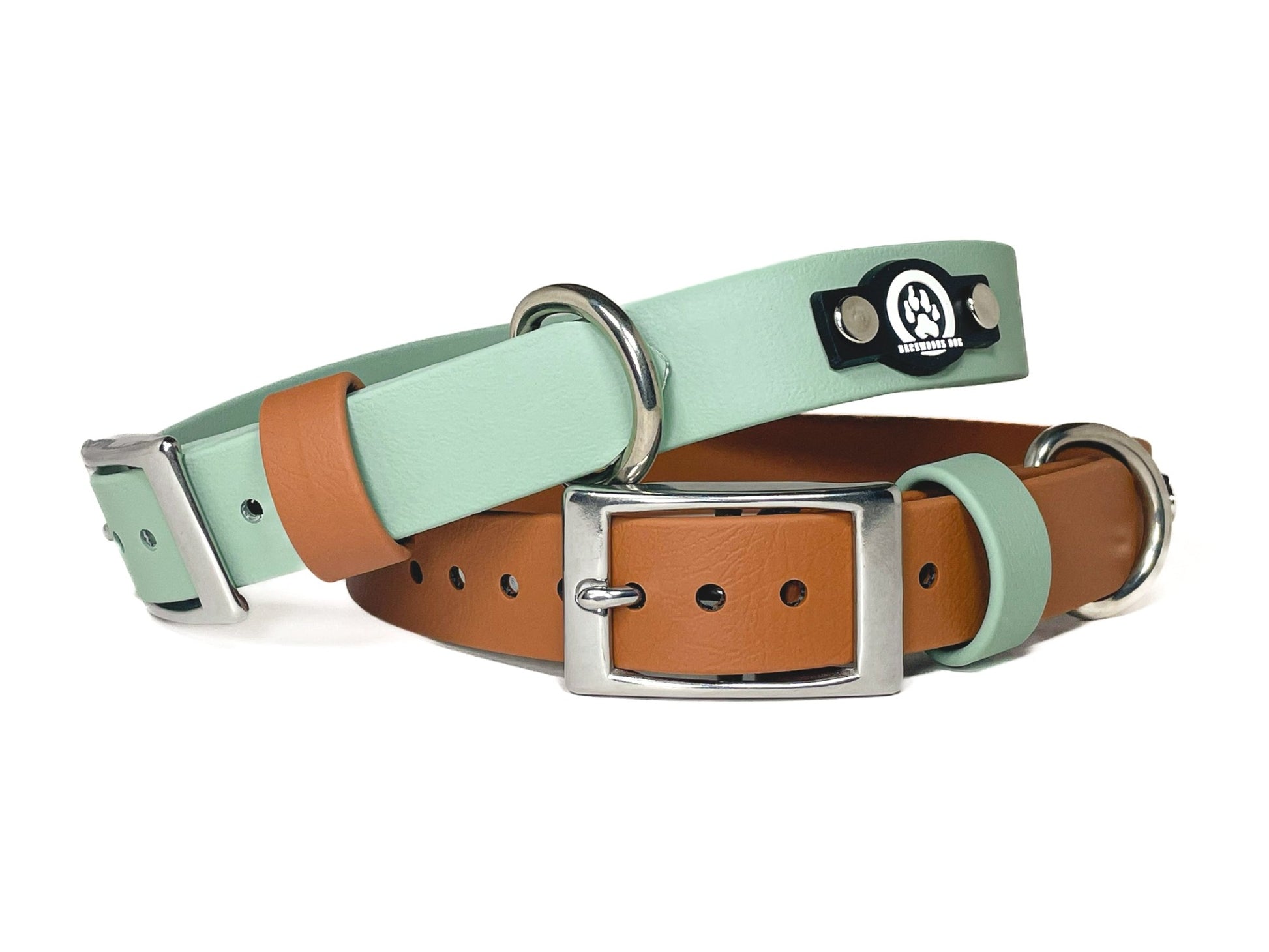 Backwoods Dog waterproof BioThane stainless buckle dog collar in sage and cognac