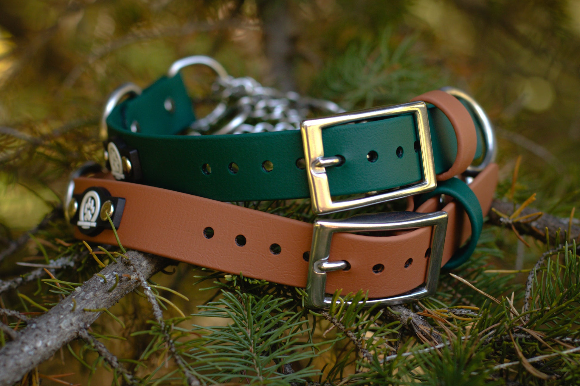 two biothane waterproof buckle martingale dog collars in forest and cognac