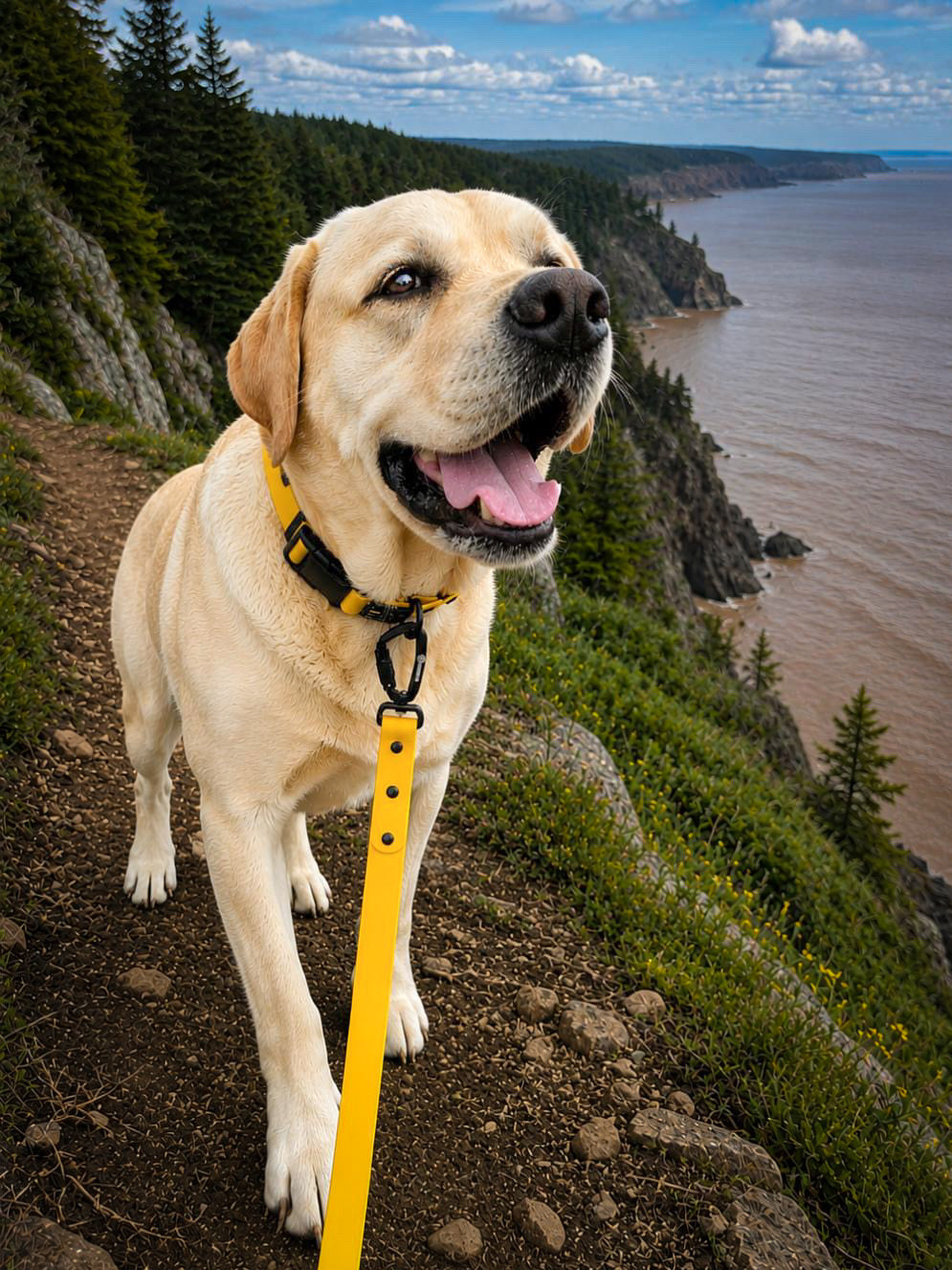 A yellow Labrador Retriever standing on a rocky trail wearing a yellow collar with a black clip and a bright yellow leash, overlooking a large body of water and forested cliffs.
