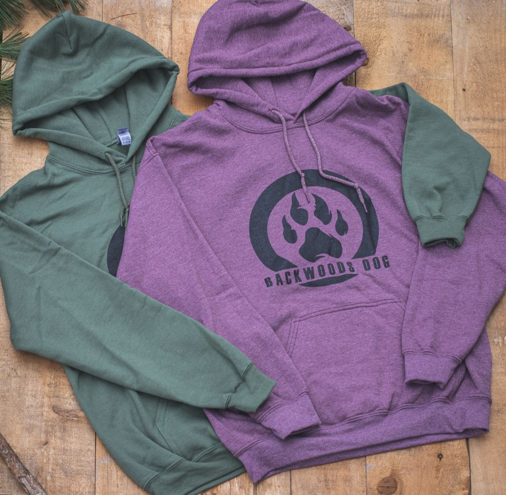 Backwoods Dog Hoodie in heather maroon and olive