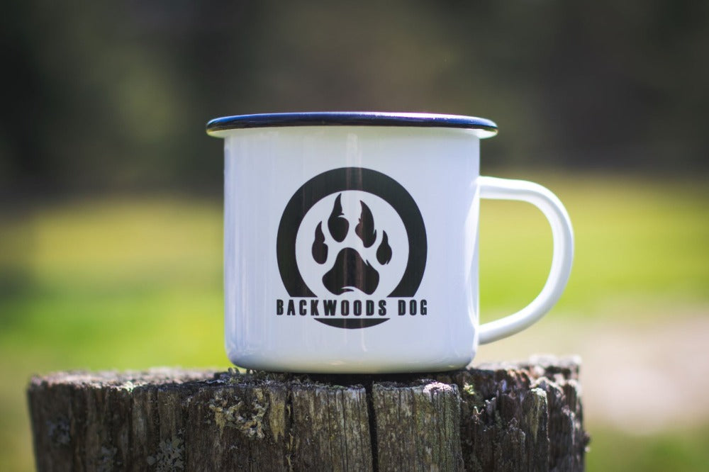 Backwoods Dog logo enamel metal 12-ounce mug camp style